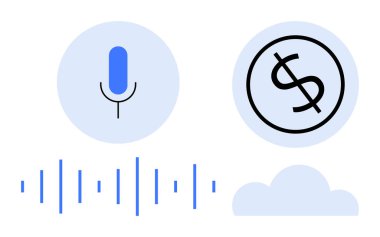 Microphone icon, sound waves, dollar icon, and cloud representing voice technology, audio analysis, cloud storage, digital payments, innovation, communication and monetization in a simple flat