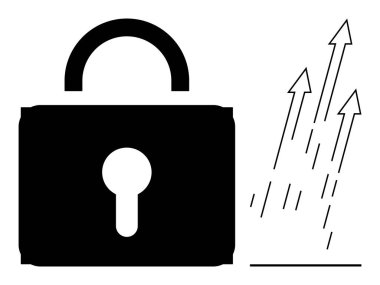 Large padlock paired with ascending arrows indicating security boosting development, progress, or innovation. Ideal for growth, protection, cybersecurity, success, finance, technology simple flat