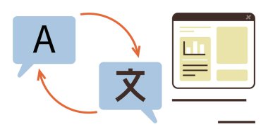 Two speech bubbles with letters A and a Chinese character connected by arrows, indicating translation. Web interface with charts and text. Ideal for communication, globalization, technology