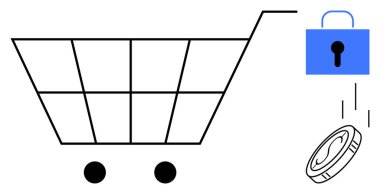 Shopping cart, currency coin dropping, and padlock representing e-commerce, payment security. Ideal for online transactions, digital payments, cybersecurity, financial technology, ecommerce trust