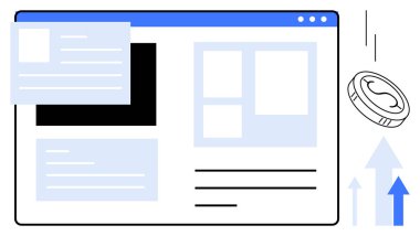 Digital interface with webpage design includes blocks, text, and images. Floating coin and upward arrows signify profit, growth, and business potential. Ideal for web design, finance, growth