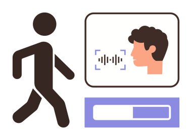 Person walking, screen with facial profile, soundwave, and progress bar. Ideal for security access, authentication, verification, biometrics identification technology privacy. Simple flat metaphor