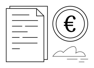 Stack of papers, Euro coin, and a cloud icon representing financial transactions, data storage, and analysis. Ideal for business, finance, accounting, economy tax digital banking cloud-based