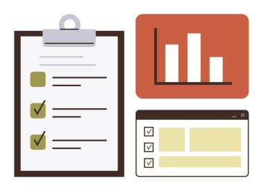 Clipboard checklist, bar chart, and computer window with checkboxes represent task management, progress tracking, productivity, analytics, planning, organization, and workflow in a simple flat