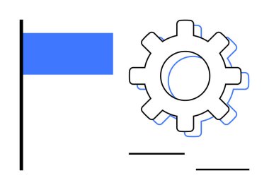 Blue flag and gear showcasing configurations, goals, progress, or technical processes. Ideal for teamwork, innovation, automation, goal-setting customization achievement optimization. Simple flat