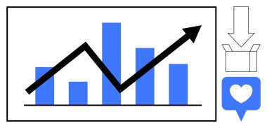 Rising bar and line graph with increasing trend arrow, download icon inside box, heart icon for engagement. Ideal for growth, success, analytics, digital marketing, strategy, business improvement
