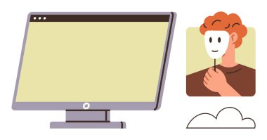 Person with red hair holding a smiling mask beside a blank computer screen, symbolizing identity, privacy, and online personas. Ideal for security, technology, internet safety, communication