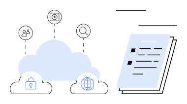Cloud computing icons with user, media, search, lock, and globe concepts beside a data sheet. Ideal for technology, digital storage, collaboration, networking online security information sharing