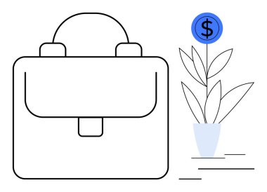 Briefcase next to potted plant with growing coin, representing business, income growth, career development. Ideal for finance, economics, savings, investment, entrepreneurship strategy simple flat