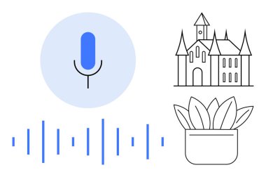 Minimal microphone in a blue circle with sound waves, outlined castle, and potted plant illustration. Ideal for technology, communication, heritage, history, nature, creativity and minimalistic