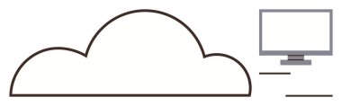 Cloud shape connected to monitor via abstract data lines. Ideal for cloud technology, data sharing, remote work, IT services, innovation, networking, simple flat metaphor