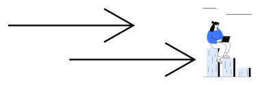 Two bold arrows pointing right suggest progress and direction a woman sits on bar chart columns using a laptop. Ideal for business strategy, growth, innovation, workflow, focus, productivity, simple