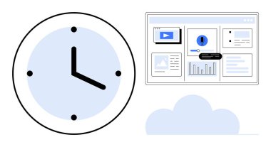 Analog clock alongside a digital dashboard with charts, notifications, and media widgets. Ideal for productivity, planning, monitoring, scheduling, workflow, organization simple flat metaphor