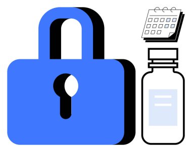 Blue padlock, vaccine bottle, and small calendar highlight security, health management, scheduling, prevention, compliance, precision and medical safety. Ideal for data protection healthcare