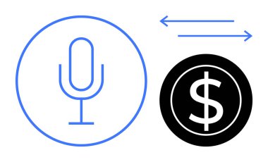 Microphone inside circle next to dollar symbol with arrows implying conversion. Ideal for finance, technology, digital payment, voice recognition, innovation, AI commerce, virtual interaction. Simple