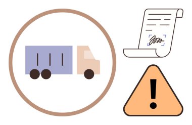 Cargo truck in circle, signed document, warning sign emphasize delivery, legal compliance, caution. Ideal for logistics, supply chain, transport safety, shipping policies risk management