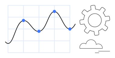 Line graph with data points on grid alongside gear and cloud outline. Ideal for analytics, growth strategy, workflow, technology, business solutions, optimization, abstract data. Simple flat metaphor