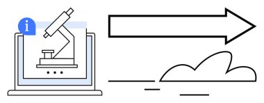 Microscope on a laptop screen, arrow pointing forward, abstract cloud. Ideal for science, technology, innovation, research, progress data analysis education. Modern simple flat metaphor