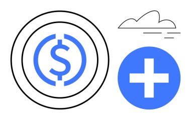 Coin with dollar symbol in concentric circles, blue plus sign, and cloud. Ideal for financial growth, digital currency, investments, healthcare costs, savings cloud computing. Simple flat metaphor