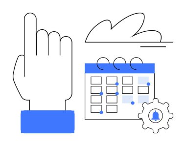 Hand pointing near a calendar marked with dots, a gear featuring a bell, and abstract cloud design. Ideal for time management, planning, events, notifications, alerts, organization productivity