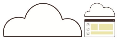 Large cloud shape next to a browser window with a checklist and highlighted content. Ideal for cloud computing, collaboration, data storage, task management, organization, digital tools, technology
