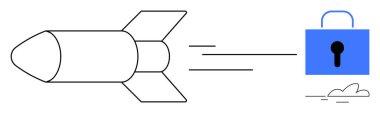 Rocket speeding toward a blue lock, symbolizing security, encryption, innovation, and rapid technology. Ideal for data protection, cybersecurity, speed, innovation privacy modern tech simple flat
