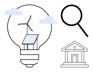 Light bulb with solar panel and wind turbine, magnifying glass, and government building. Ideal for sustainability, innovation, energy policy, green initiatives, research, eco-tech and education