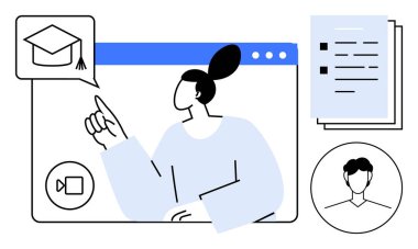 Woman interacting in an online education platform with a graduation cap icon, video conferencing, student profile, and documents. Ideal for e-learning, education, tutoring, remote work