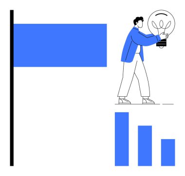 Person carrying large lightbulb beside descending blue bar graph and bold rectangular flag. Ideal for innovation, leadership, goal setting, growth analysis, creative strategy, achievement
