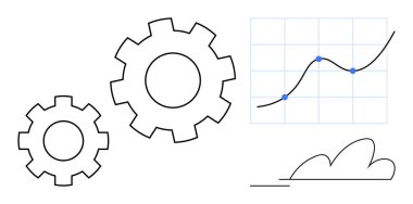 Two interlocking gears, upward growth graph with points marked on grid, abstract cloud lines. Ideal for teamwork, innovation, systems, analytics, productivity, workflow simple flat metaphor