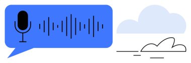 Microphone in a speech bubble with soundwaves next to abstract clouds. Ideal for voice technology, AI, communication, cloud computing, data streaming, speech recognition, podcasting. Simple flat