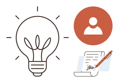 Light bulb representing ideas, a signed contract symbolizing agreement, and a person icon suggesting collaboration. Ideal for creativity, partnership, entrepreneurship, teamwork, innovation