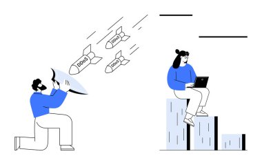 Man deflecting DDOS attacks with shield near tech-savvy woman using laptop, bars. Ideal for cybersecurity, data protection, teamwork, online security, cyber defense, threats, simple flat metaphor