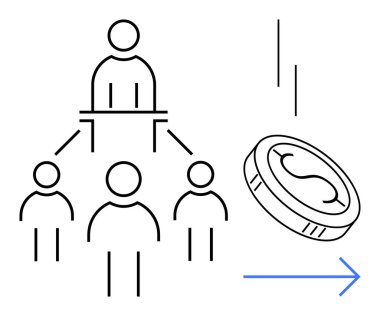 Minimal outline of a leader managing a team, branching structure, coin, and arrow implying financial progress. Ideal for management, leadership, teamwork, financial strategy, business growth
