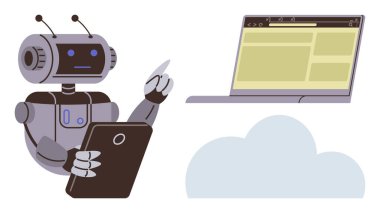 Robot interacting with a tablet, pointing to data in front of a cloud and laptop screen. Ideal for AI, technology, cloud computing, data analysis, automation, innovation, future technology concepts