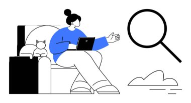 Woman sitting on couch with laptop beside a cat, gesturing thoughtfully magnifying glass signifies observation, analysis, learning, and exploration. Ideal for education, research, creativity