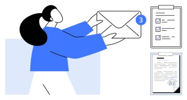 Woman holding an envelope with notification. Nearby checklist with completed tasks and signed paper. Ideal for communication, organization, productivity, workflow, task tracking, teamwork, simple