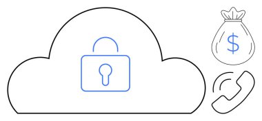 Cloud shape with padlock symbolizes data security, alongside icons for money and communication. Ideal for cybersecurity, cloud computing, finance, communication, remote work, privacy, network