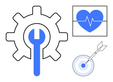 Gear and wrench signify maintenance heart with heartbeat line suggests health or well-being target with arrow symbolizes precision and goals. Ideal for health, engineering, strategy, innovation