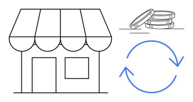 Storefront with awning, stacked coins indicating money, and circular arrows symbolizing process recurrence. Ideal for commerce, finance, sustainability, investment, transactions, retail strategy