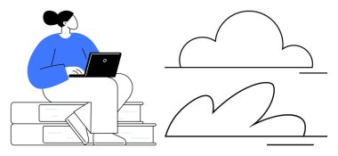 Seated woman working on laptop atop stacked books alongside abstract cloud outlines. Ideal for education, e-learning, creativity, cloud computing, remote work, self-improvement, simple flat metaphor