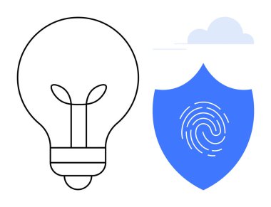 Light bulb outlines innovation, shield with fingerprint symbolizes cybersecurity and protection. Ideal for creativity, technology, safety, cybersecurity, intellectual property, innovation, simple
