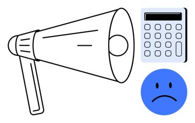 Megaphone represents broadcasting, calculator denotes calculation or finance, and sad face illustrates disappointment. Ideal for conflict resolution, decision-making, budgeting, leadership issues