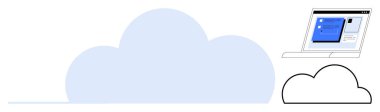 Laptop with file sharing UI overlays minimalist cloud shapes. Ideal for technology, cloud storage, remote work, data access, digital collaboration, modern business, efficiency. Simple flat metaphor