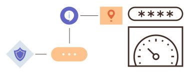 Shield icon, info bubble, location marker, password, and speedometer. Ideal for security, access control, navigation digital tools data privacy authentication and speed. Simple flat metaphor