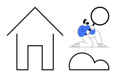 Man kneeling with magnifying glass inspecting cloud and house outline. Ideal for analysis, inspection, investigation, technology, creativity, real estate, discovery. Flat minimal design metaphor