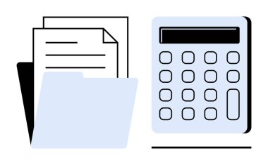 Calculator and document folder with papers emphasizing financial tracking, accounting tasks, and organization. Ideal for bookkeeping, tax preparation, budgeting, office work, finance planning, data