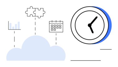 Cloud connects analytics, puzzle pieces, and a calendar to a large clock, symbolizing time and workflow efficiency. Ideal for productivity, software integration, time tracking, teamwork