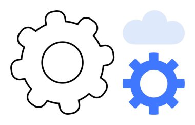 Two gears in black and blue with a cloud above, symbolizing collaboration, cloud computing, automation, teamwork, machine learning, software integration, and simple flat metaphor