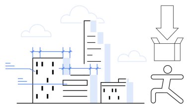 High-rise buildings under construction, person icon symbolizing workforce dynamics, arrow pointing to a box for logistics or delivery. Ideal for urbanization, development, logistics, workforce